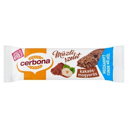 Baton musli cu cacao și alune Cerbona, fără zahăr adăugat, cu îndulcitori - 20 g