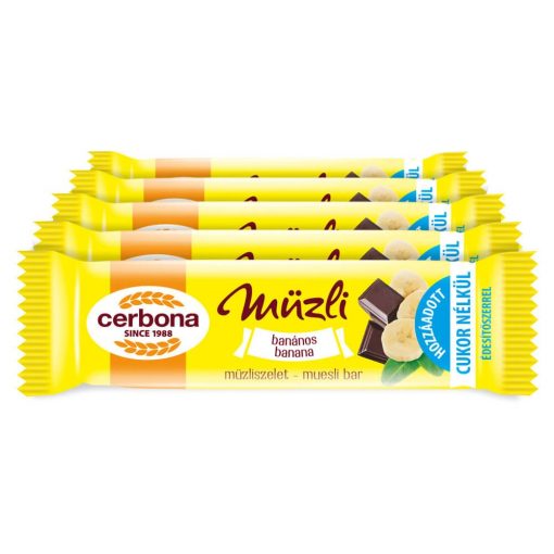 Baton musli cu banane și glazură de cacao Cerbona, cu îndulcitori - 5 x 20 g / Pachet de gustări