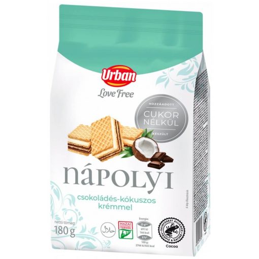 URBAN Love Free, Napolitane cu ciocolată și cocos, fără adaos de zahăr, 180g