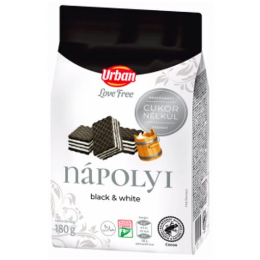 URBAN Love Free, B&W Napolitane cu cacao umplute cu cremă de lapte, fără adaos de zahăr, 180g